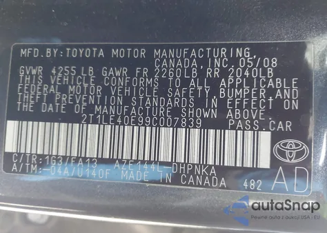 2009 Toyota Matrix S из США, поврежденный, VIN 2T1LE40E99C007839